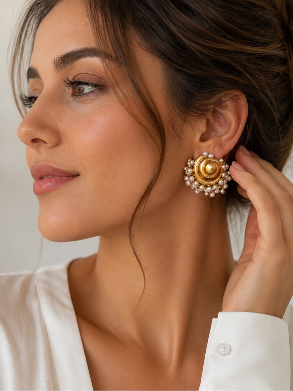 Luxury Gold Button Earrings with Pearl Cluster